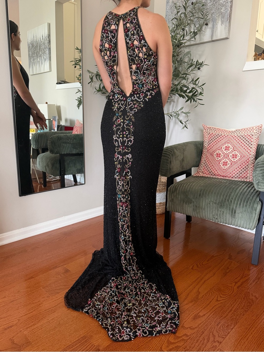 Sherri Hill Black Beaded Open-Back Evening Gown with Multicolor Embellishments